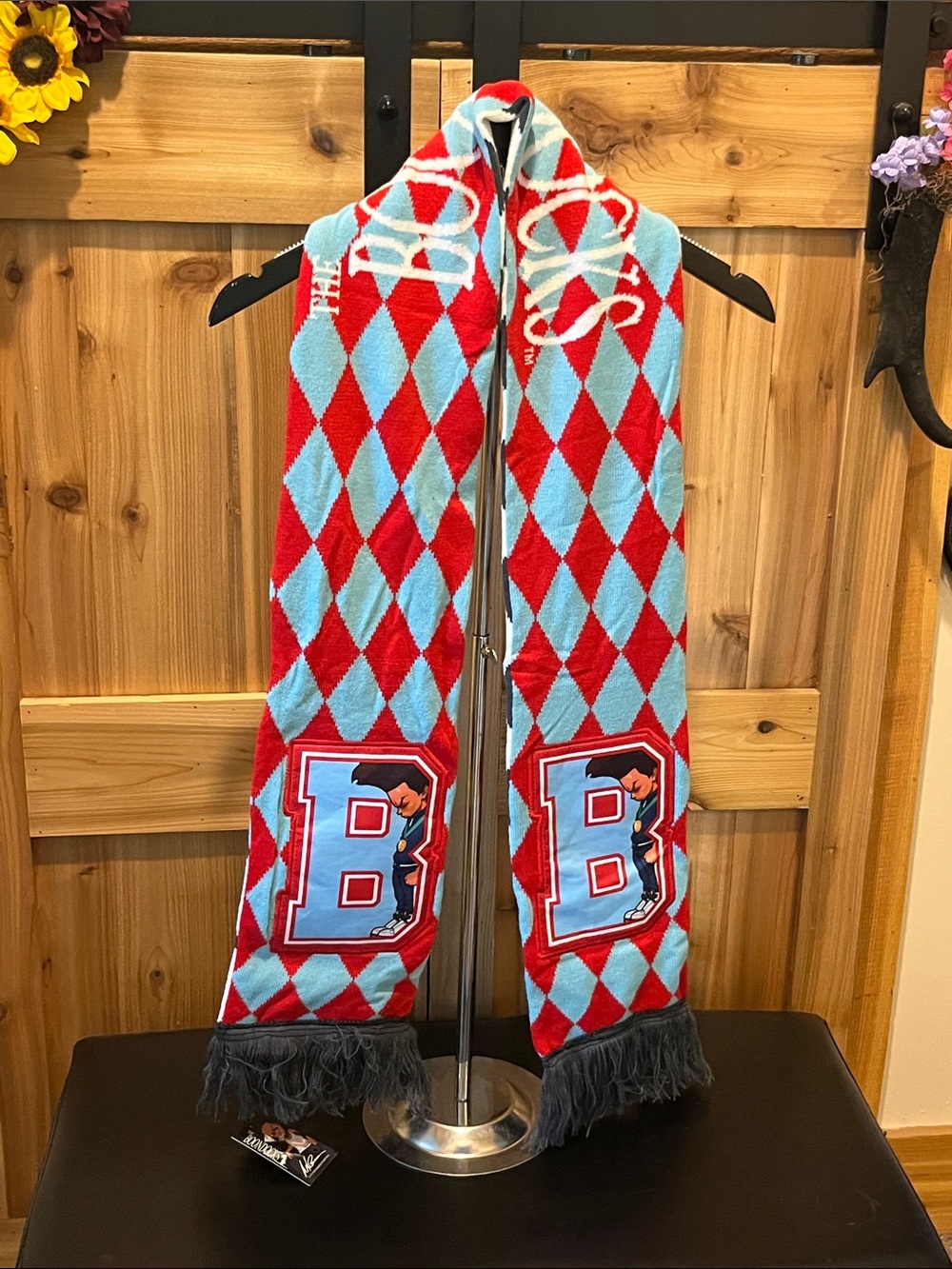 Argyle Pattern Red & Light Blue Scarf with Letter B Detail